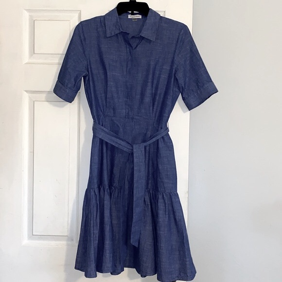 Calvin Klein Blue Denim Belted A-line Ruffled Dress - Picture 4 of 12